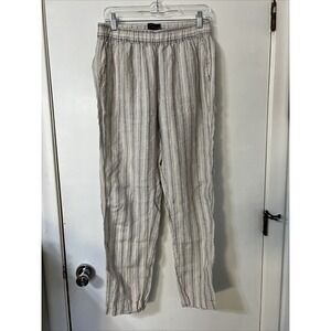 TAHARI White Black Stripe Crop Pants 100% Linen Pants Stretch Pockets Small